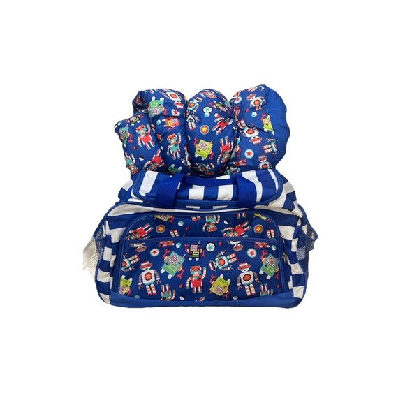 Kids Robot Sleeping Bag & Duffel Set Blue Boys Travel Nap Mat Sleepover Bundle - Picture 1 of 9